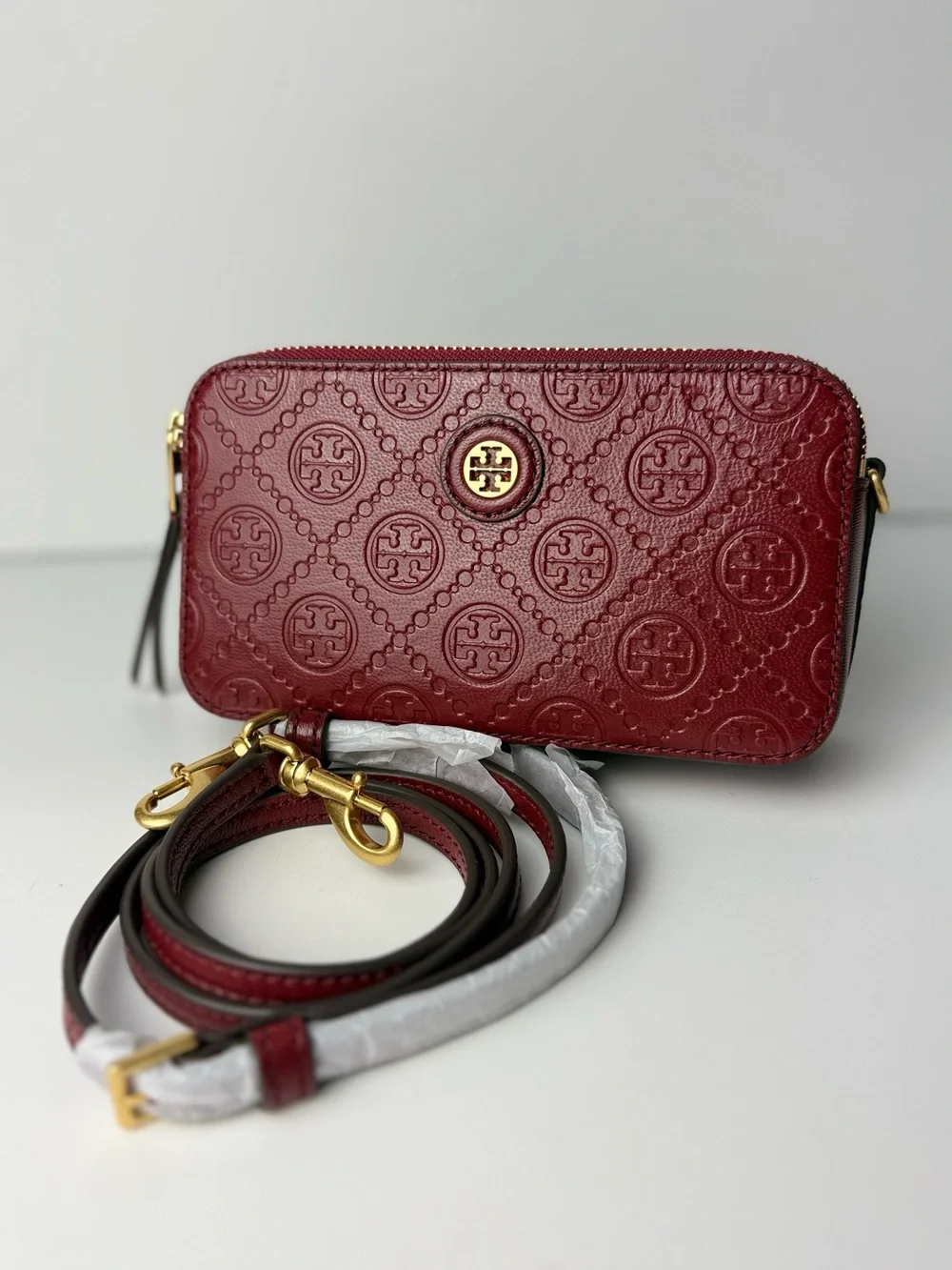 Tory Burch T Monogram Leather Double-Zip Mini Bag Juneberry Red Gold Hardware
